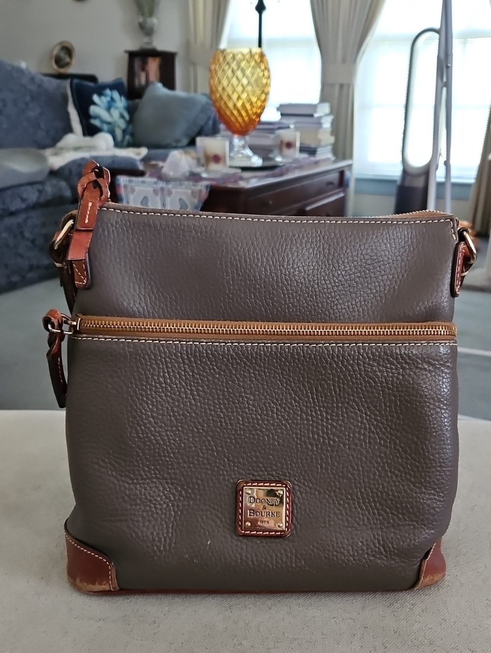 Dooney & Bourke Elephant Gray Pebbled Leather Crossbody with Camel Trim